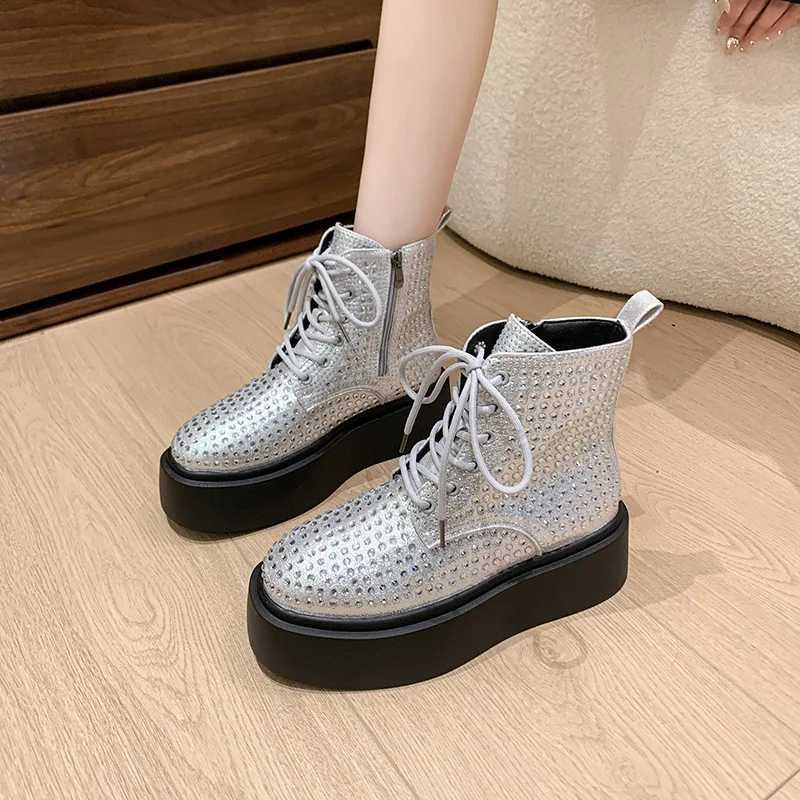 Rock Shoes Womens Zipper Flat Shoes Boots Womens Crystal Round Toes Luxury Designer Mid calf 2024 Rhinestone High Heels Lolita Z250303