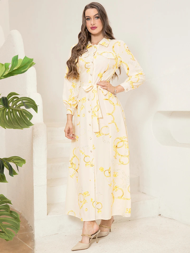 Elegant Long ShirtSleeve Dress with Chain Print n Belt Pocket Sophisticated Collared Neck Button Details 250228
