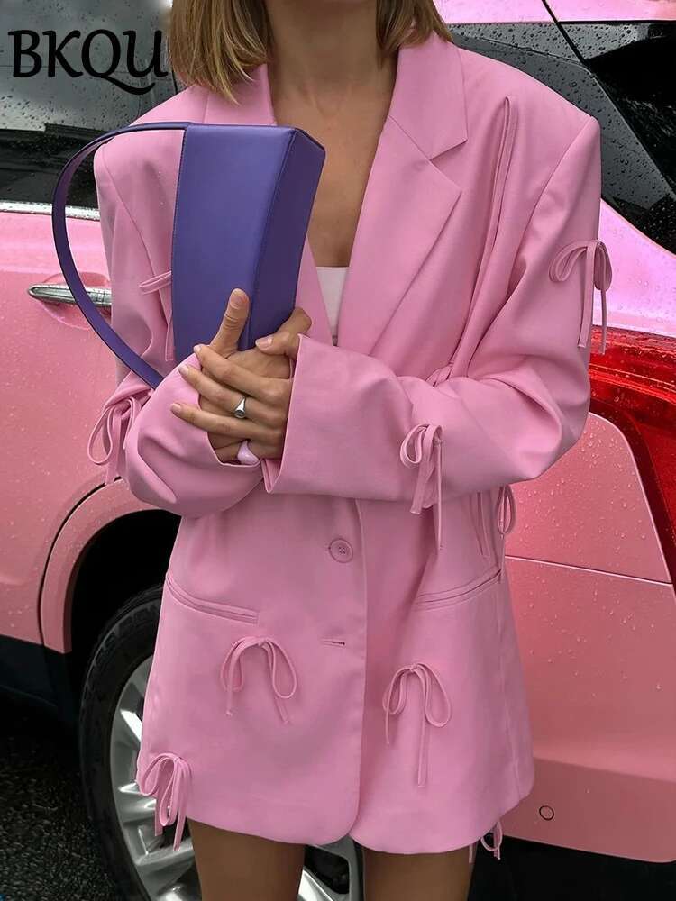 Patchwork Bow Women Elegant Notched Collar Pink Long Sleeve Blazer Autumn Chic Loose Single Breaste Office Coat