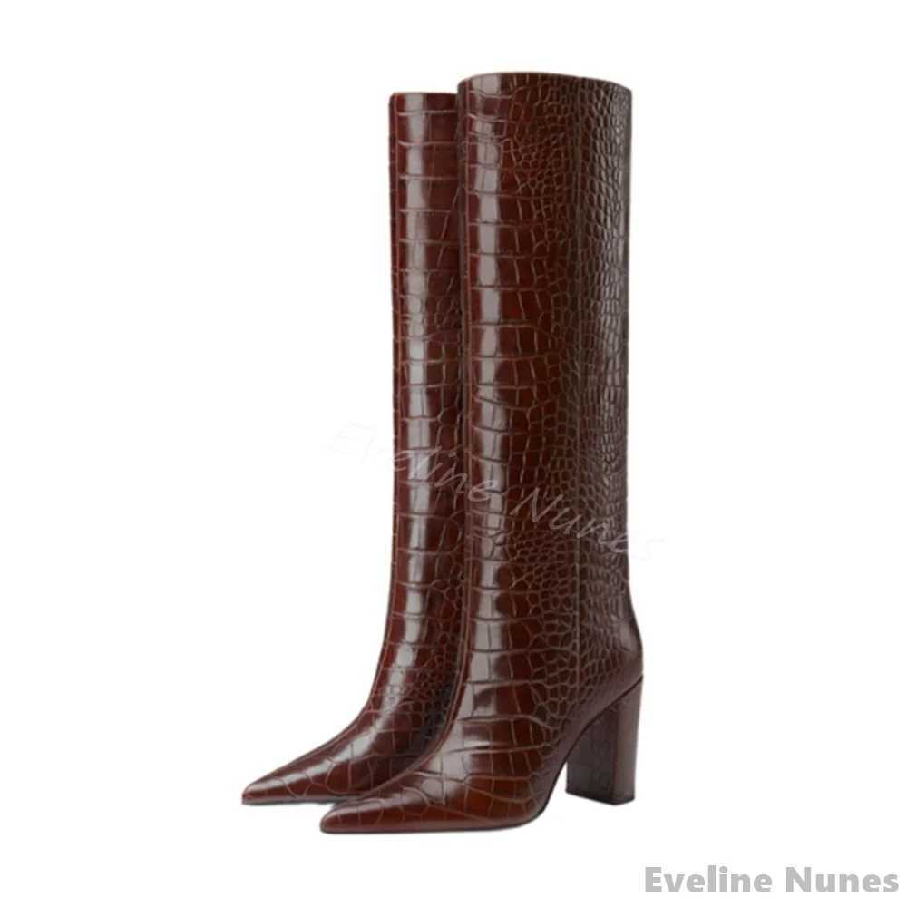 Luxury Crocodile Pattern Boots Women Pointed Toe Chunky Heel Slip On Leather Knee High Boots 2024 New Fashion Design Black Boots Z250303