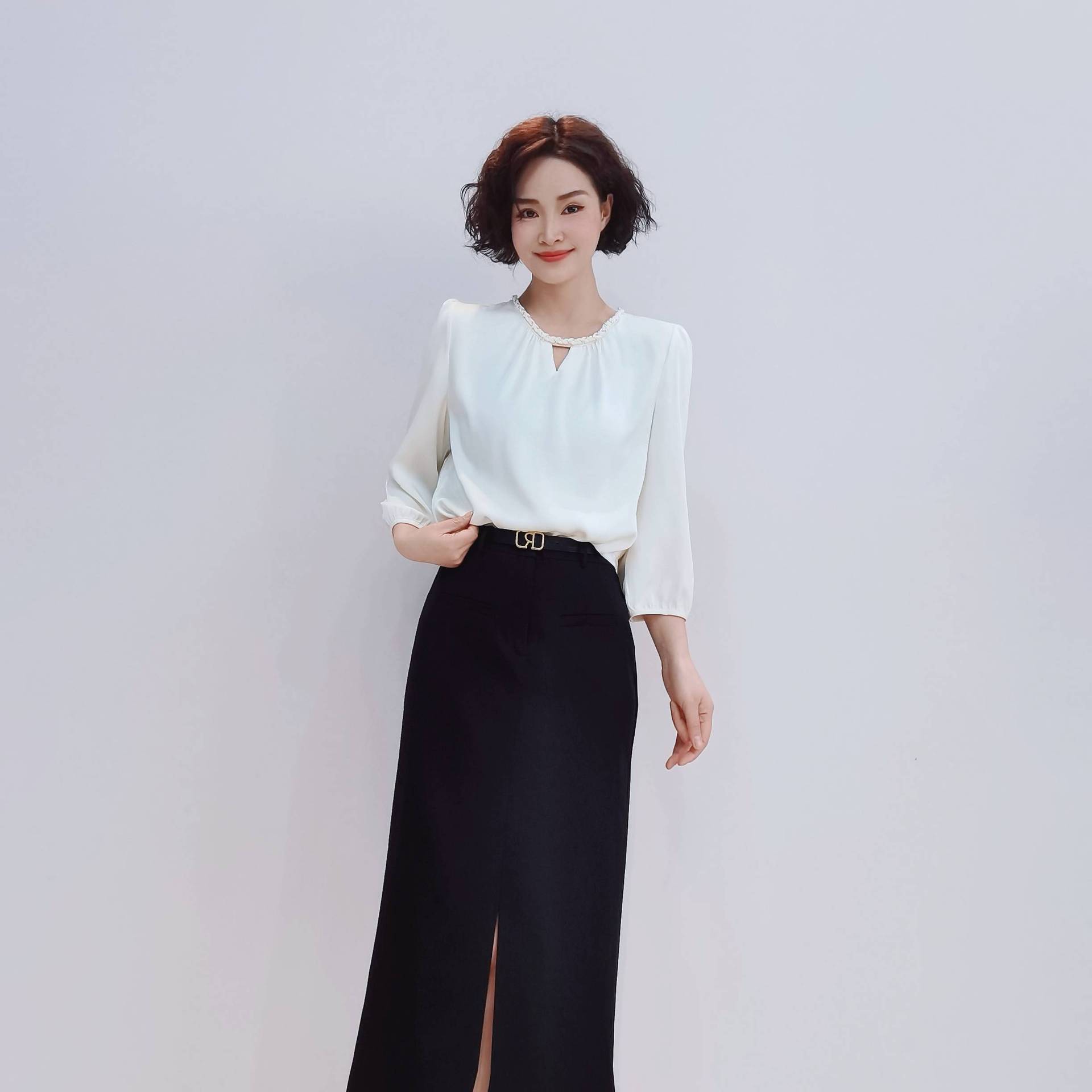 G2390 autumn fashion pure color simple slim temperament all-match medium-length suit skirt