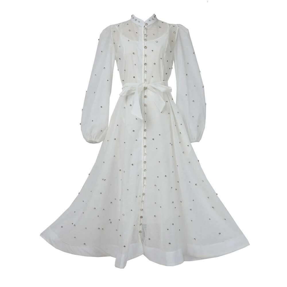 Crystal Long Dress Women Summer 2025 Spring See Through Cotton En Dresses Full Sleeve Evening Vestidos Party Robe