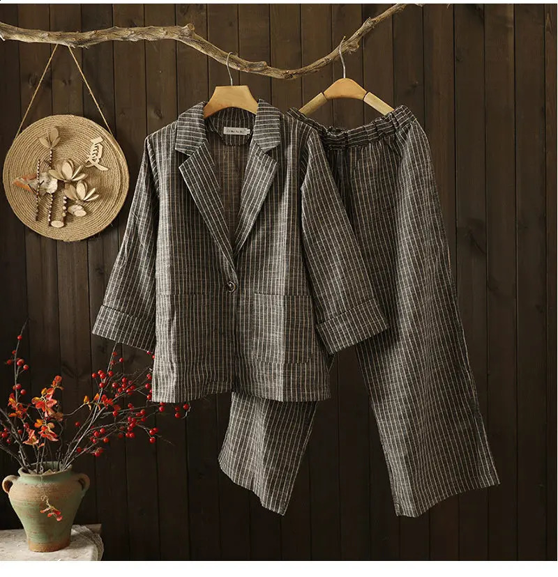 Autumn Large Size Striped Cotton Linen Pants Suit Womens Blazer Casual Fashion High Waist Wide Leg Two Piece Set z2877 250225