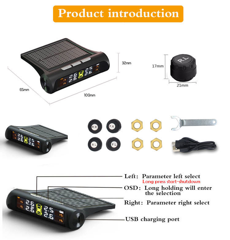 T1 TPMS Tire Pressure Monitoring System (TPMS 0-87 PSI) with solar charger, RV TPMS with 4 sensors and 5 alarm modes, LCD display, automatic sleep mod
