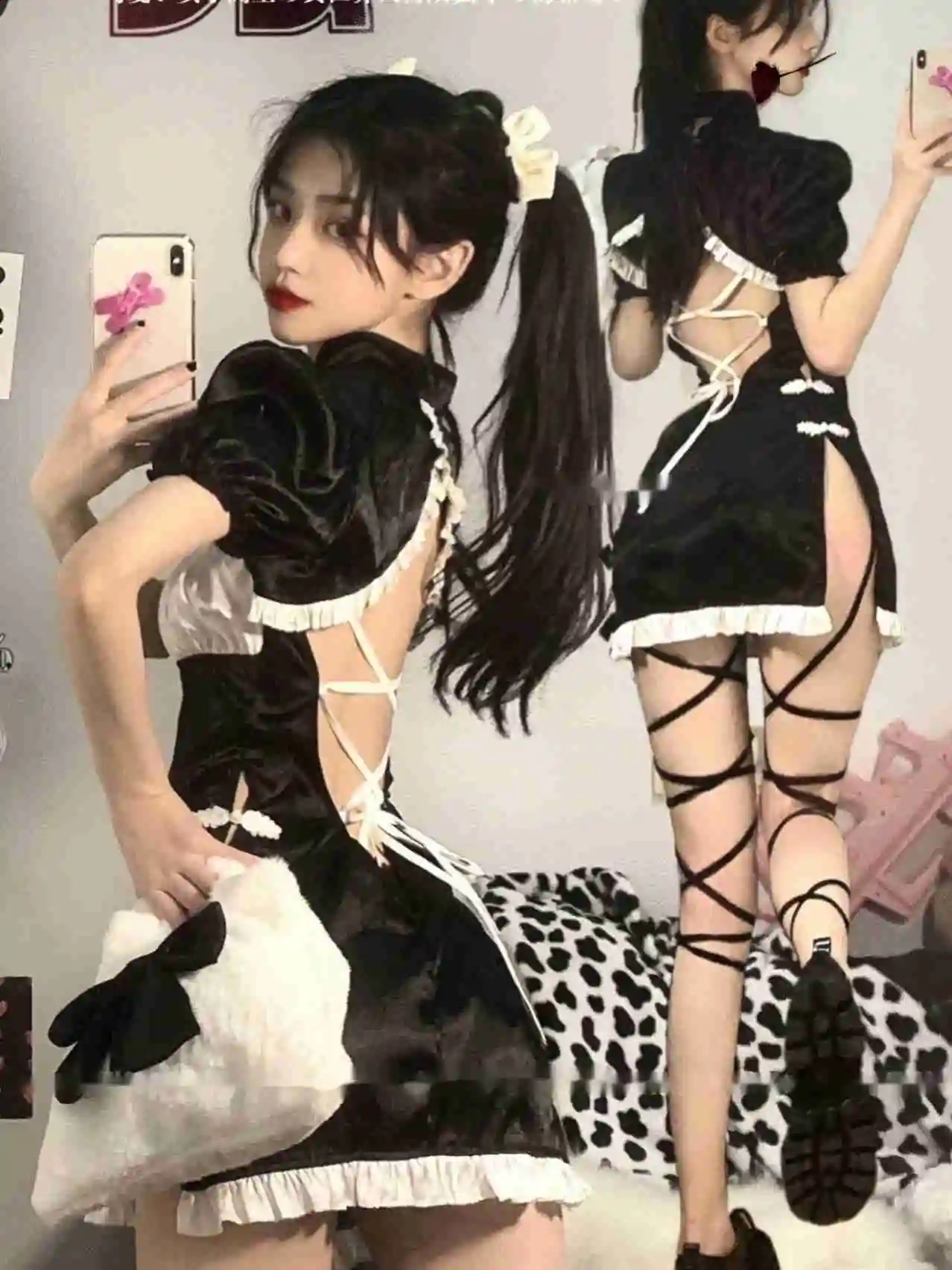 WOMENGAGA sweet Chinese cheongsam style backless Slash neck retro mini dress lace ruffles maid Lolita sexy korean top A8BG 250227