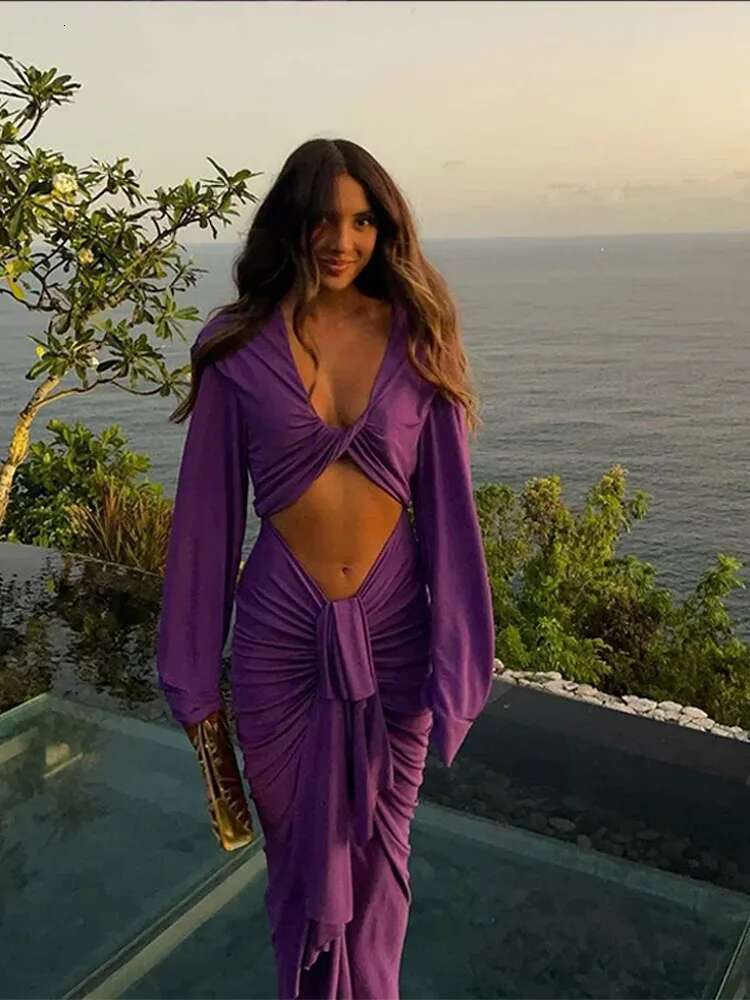 Purple Hollow Out Slim Maxi Dress Women Elegant Deep V Neck Cross Pleated Full Sleeve Long Dresses 2024 Fashion Lady Party Robes