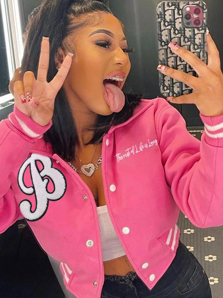 Fashion Women Casual Long Sleeve Skinny Single Breasted Pockets Stitching Varsity Lady Coat Letter y Preppy Jackets 250228