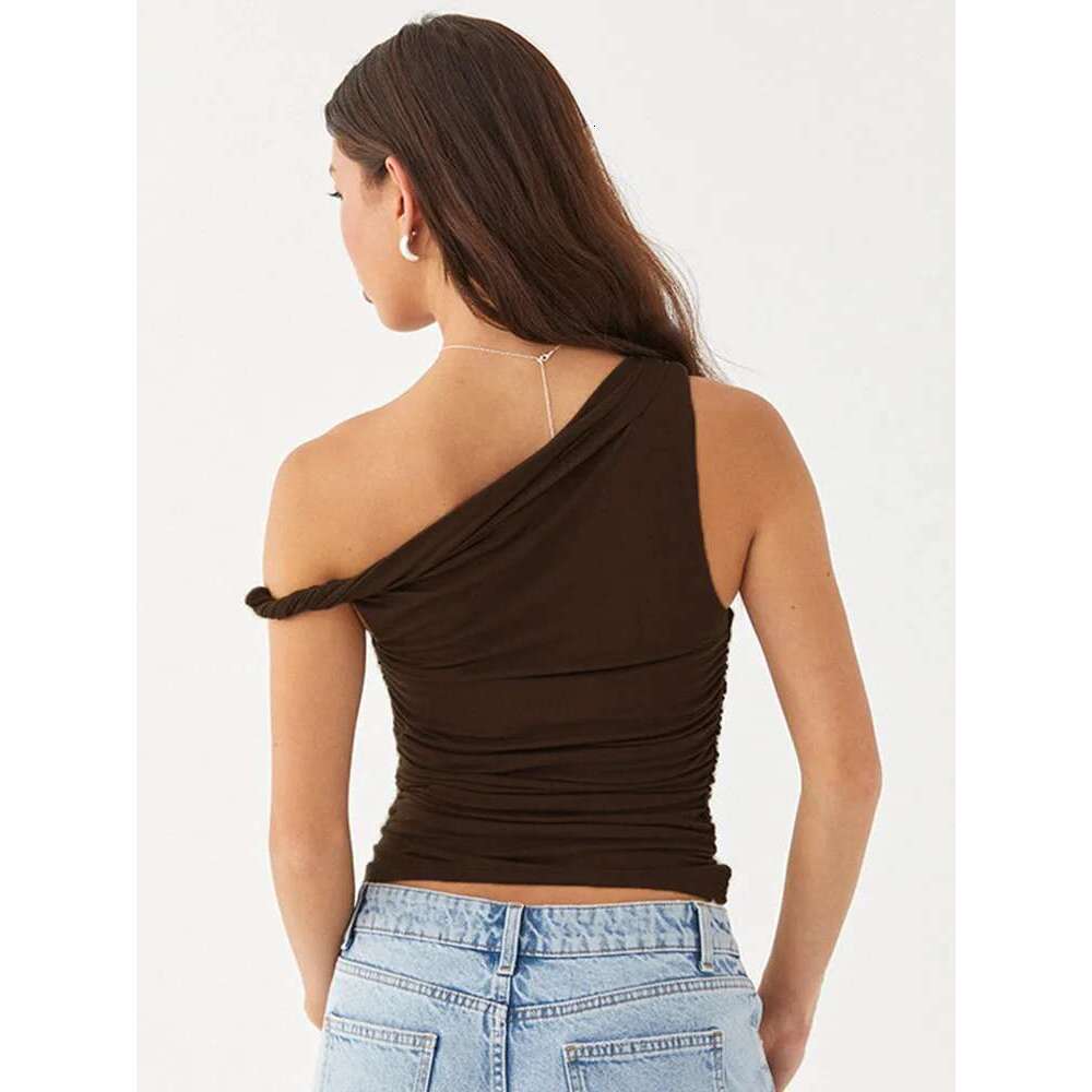 Basic Women's Simple Casual Summer Sleeveless Tank Top Solid Color Off-Shoulder Side Ruched Crop Vest Spring Fashion T-Shirt