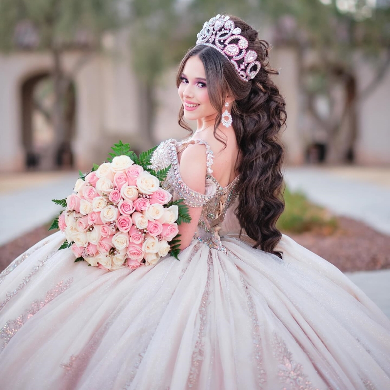 Pink Shiny Quinceanera Dresses Ball Gown Off Shoulder Applique Lace Beads Tull Sweet 16 Dress Vestidos 15 De Anos