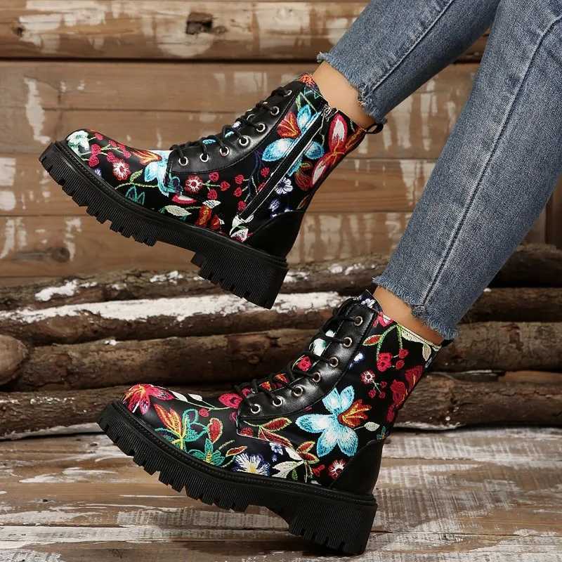 2024 Plus Size Shoes Female Mid-Calf Womens Boots New Modern Boots Women Print Lace Up Round Toe Side Zip Med Heel Shoes Women Z250303
