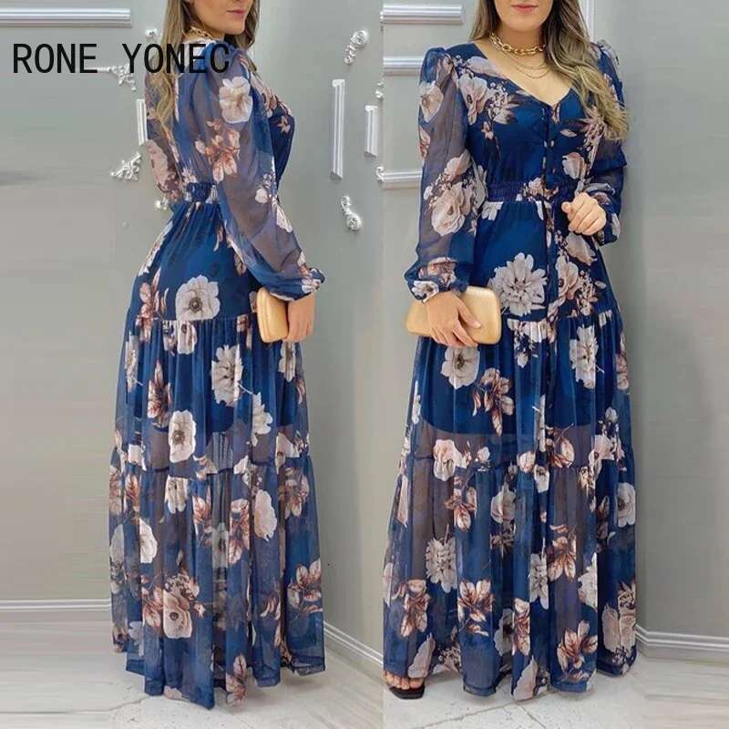 Women Ral Print Lantern Sleeve V-Neck Chiffon Maxi Vacation Dress 2021