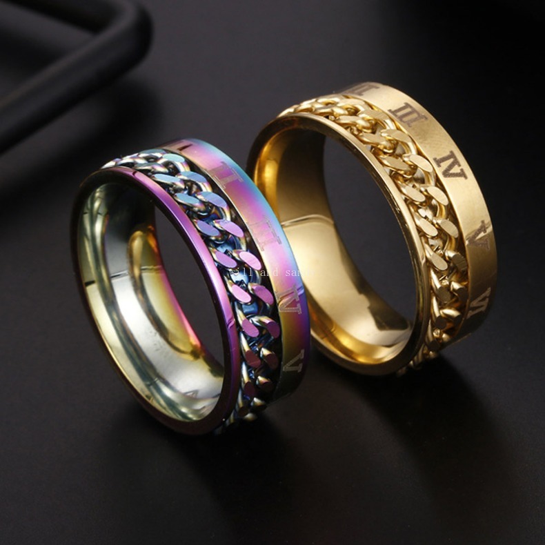 Roman Numerals Engagement Ring Band Spinner Chain Ring Non Tarnish Stainless Steel Rings Fine Jewelry for Man Women Gift