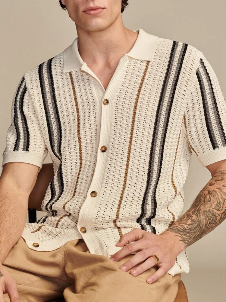 mens knitted shirt summer breathable slim fit short sleeved knitted casual shirt mens retro striped crochet knitted shirt 250224