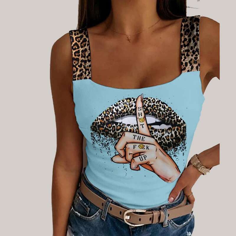 Women's Sexy Tank Leopard Lips Print Crop Fashion Party Club Summer Sleeveless Streetwear Bustier Tops