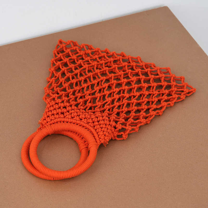 Korean version new solid color hand woven bag, fashionable women's high-end tote bag, handmade cotton rope mesh bag, beach bag for women