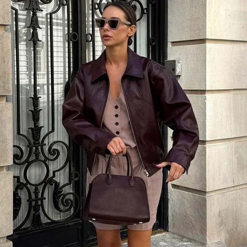 Trendix Loose PU Jacket Coats For Women Autumn Winter Long Sleeve Lapel Wine Red Vintage Fashion Commuting Bomber Jackets 250228