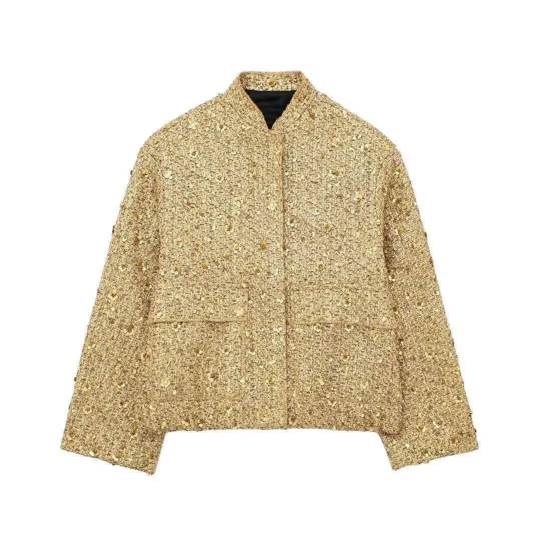 Women's Sequined Bomber Fall O Neck Long Sleeve Gold Sequins Jacket Coat Female Glitter Chic Outerwear