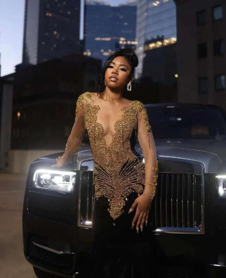 Black Veet Long Sleeve Trumpet Prom Dresses For African Women 2024 With Gold Crystal Beaded Sheer Mesh Birthday Gown vestidos