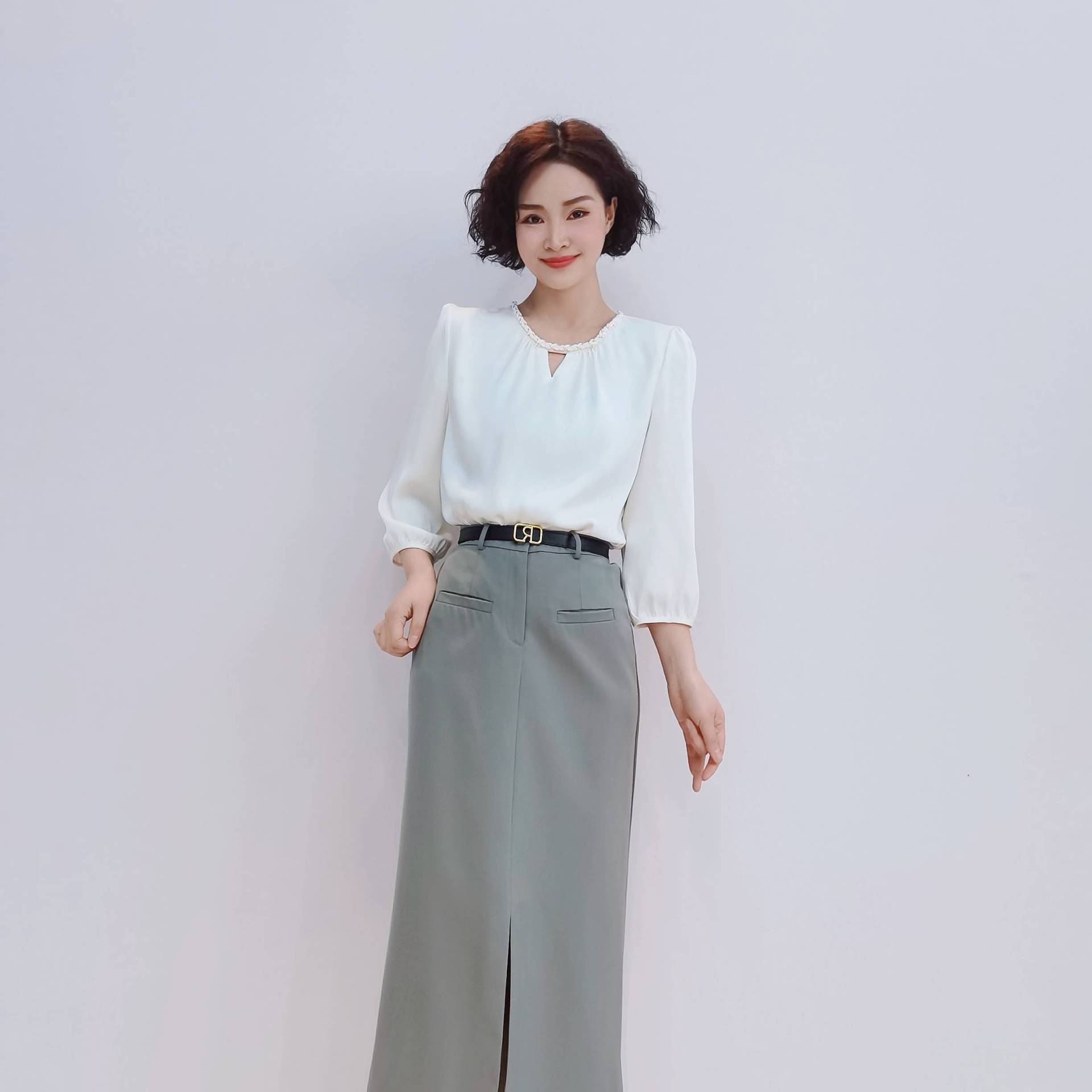 G2390 autumn fashion pure color simple slim temperament all-match medium-length suit skirt