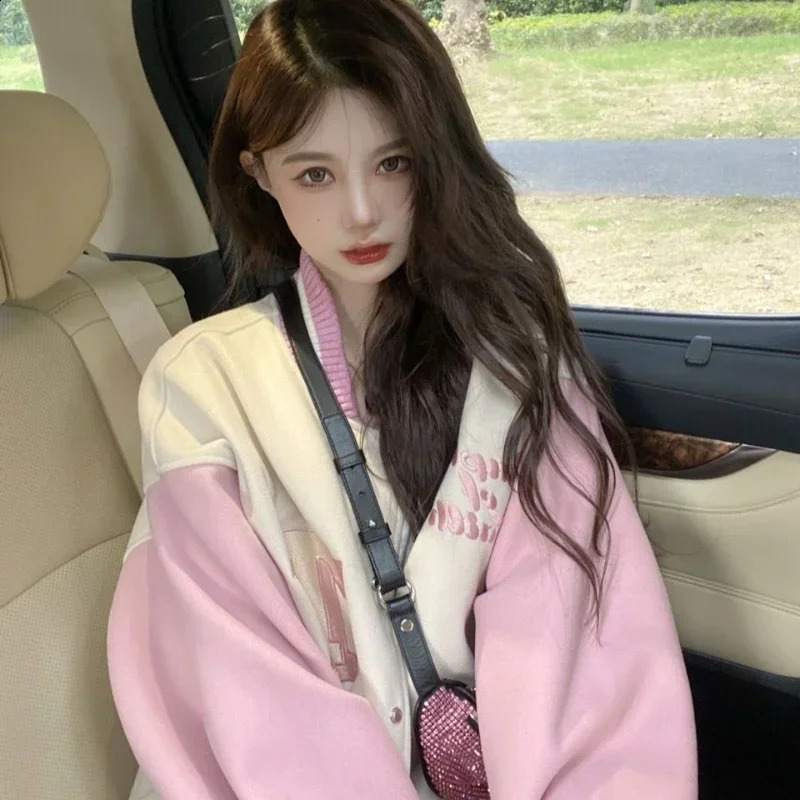 Pink womens baseball jacket Y2k streetwear Korean fashion super large university bomber autumn loose 250228