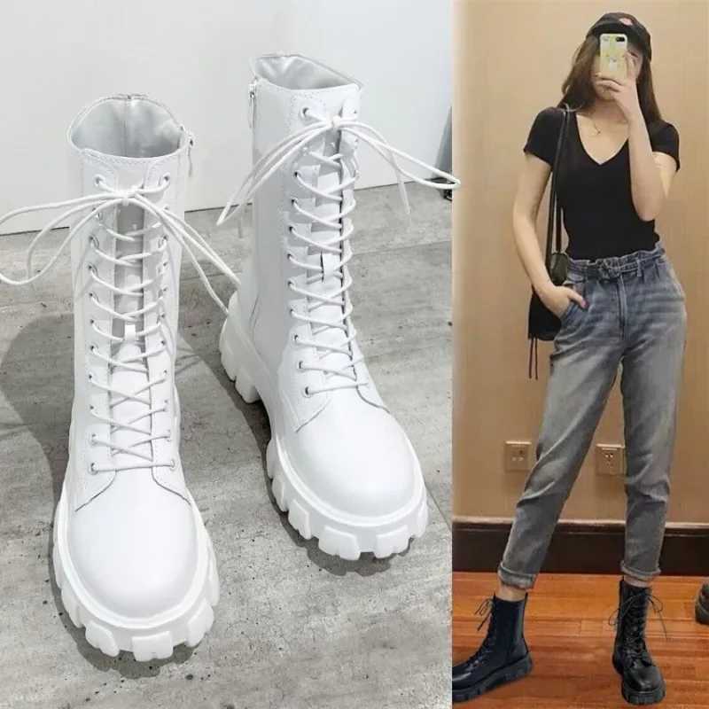 2024 thick winter knight boots womens square heel ankle boots thick motorcycle boots black and white Botas drone comfort Z250303