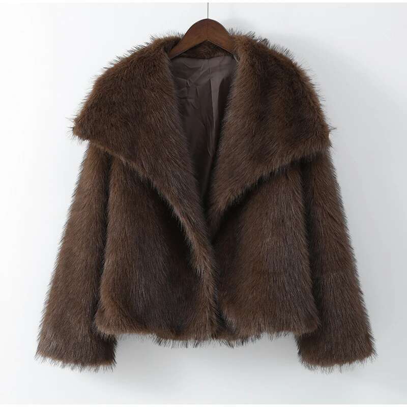 Vintage Brown Fluffy Faux Fur Jacket Women Elegant Soft Lapel Full Sleeves Short Coats Autumn Winter Lady Street Outwears