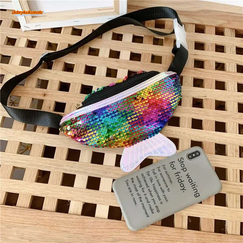 Fashion Kids Sequin Fanny for Girl 2022 Summer Coin Purse Small Belt Bag Shiny Mermaid Waist Pack Children Beach Bags #ddmykukumalu