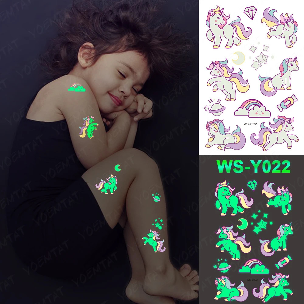 Childrens luminous tattoo stickers unicorn stars temporary waterproof tattoos body art childrens Halloween cartoon 250219
