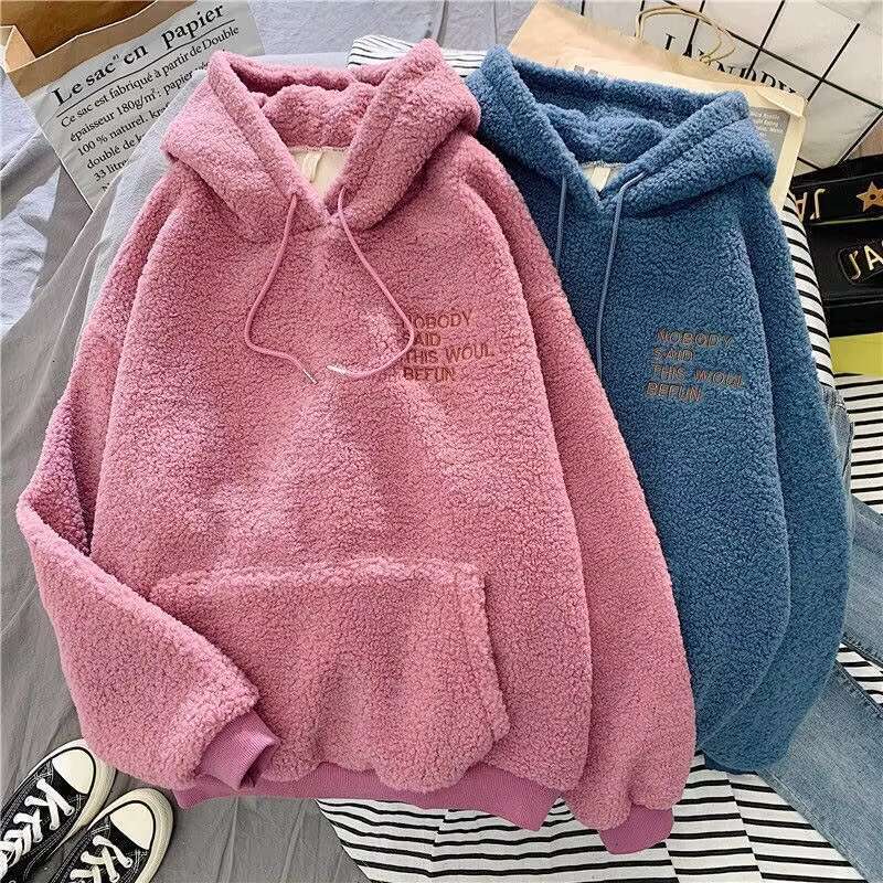Thickened Sweatshirt Casual Solid Long Sleeve Loose Fit Tops Pullover Female Autumn Winter Women Hoodies