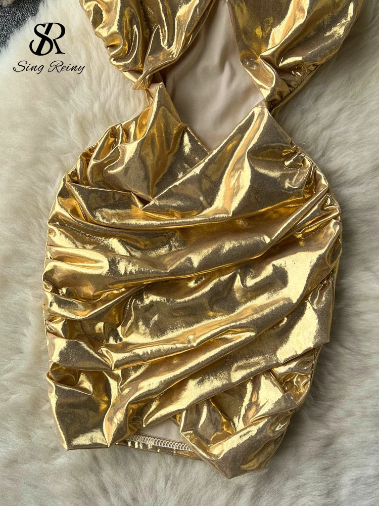 Singreiny French style hollow shiny short skirt fashionable camisole pleated backless sexy dress summer beach mini sun 250227Z