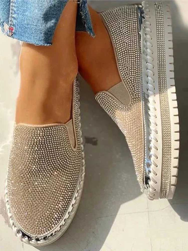 Ladies Flat Sequined Sneakers Casual Womens Mesh Lace-up Fine Diamond Sequins Thick-soled Comfortable Vulcanized Shoes M250303