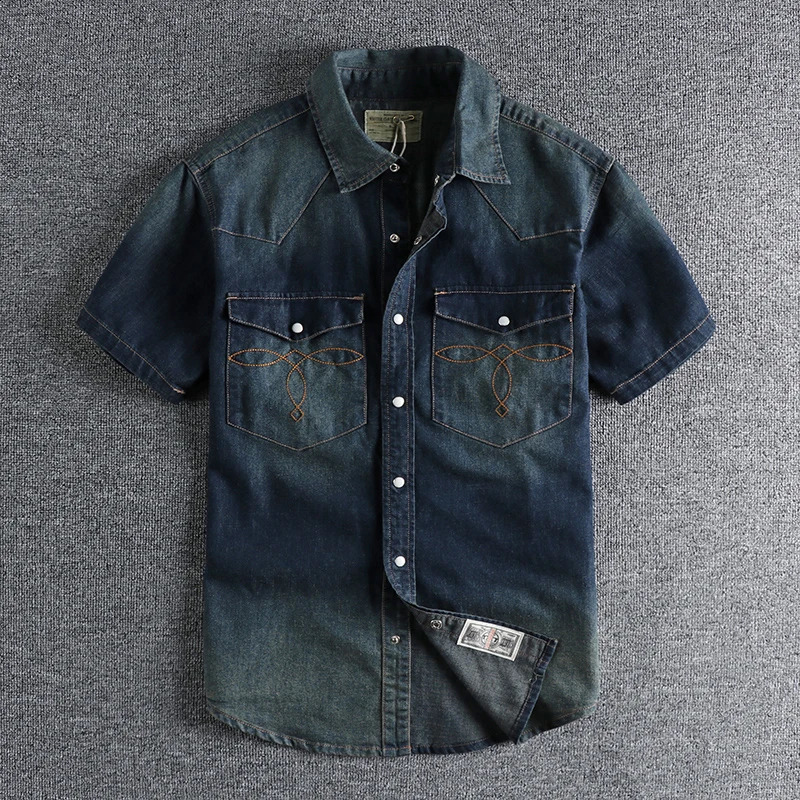 Summer American Retro Short Sleeve Lapel Denim Cargo Shirt Mens Fashion Pure Cotton Washed Old Multipocket Casual Blouses 250226