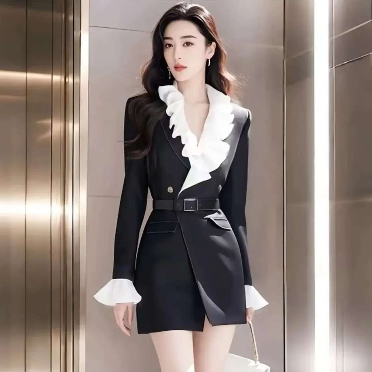 Autumn Formal Ocn High End French Style Long Sleeved Spliced Ruffle Waist Slimming Short Suit Dress For Women