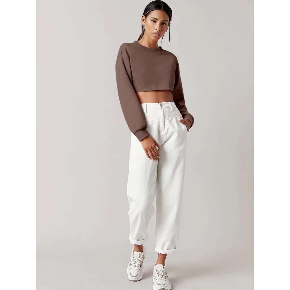 New Arrivals BASICS Drop Shoulder Crop Pullover Girls Croptop Plain Women's Hoodies & Sweatshirts