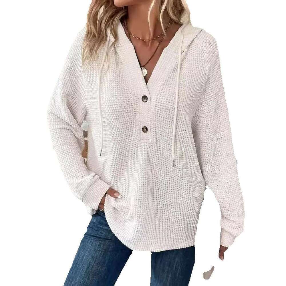 Women's Waffle Grid Knitting Hoodie V-Neck Long Sleeves Pullover Casual Sweatshirt