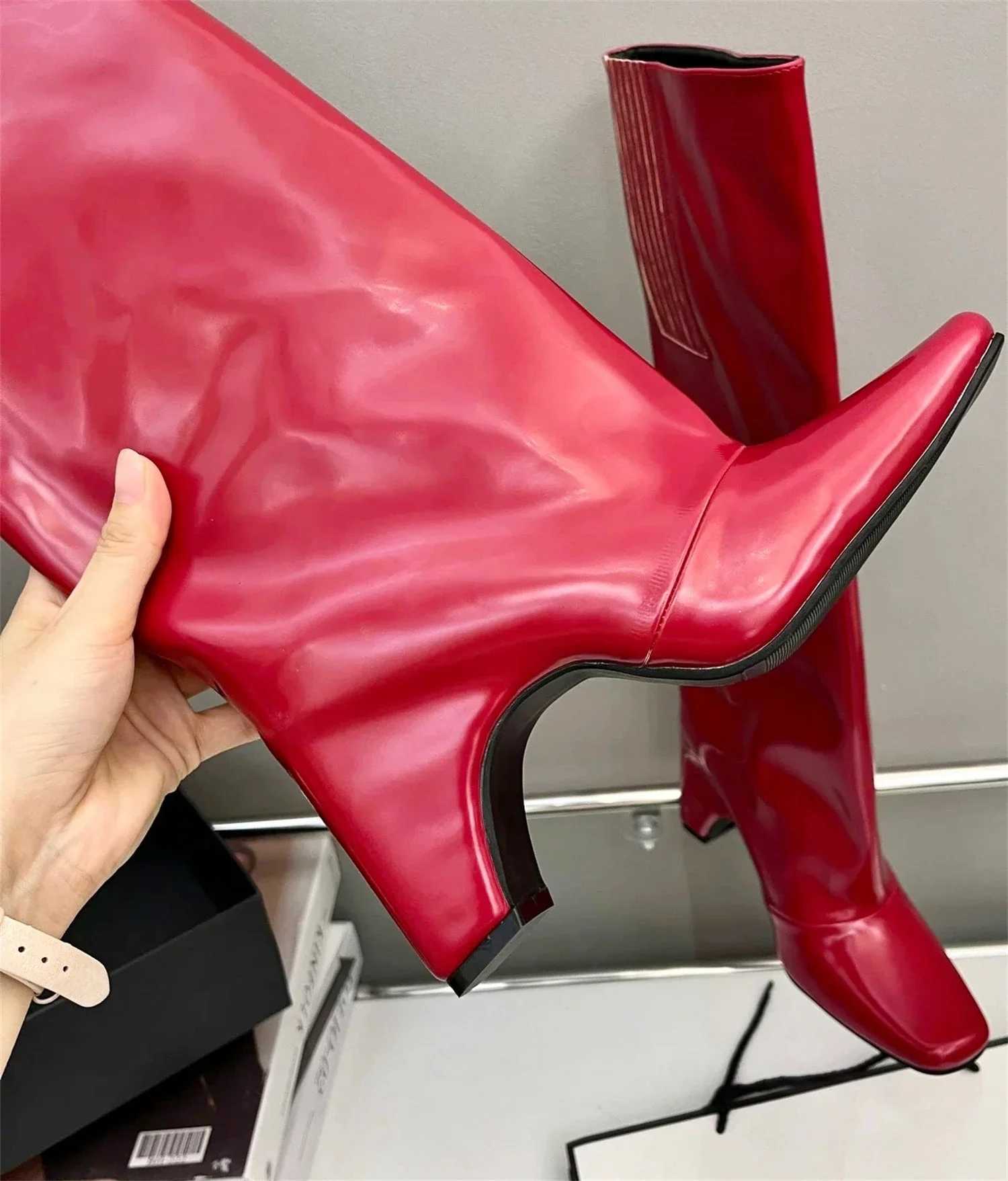 Rubber Bridge Knee High Boots Santiago Black Red White Silver Artificial Leather New Square Toes Fall Luxury Brand Womens Boots Z250303
