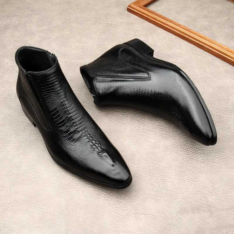 New Crocodile Pattern Men Ankle Boots Luxury Genuine Leather Handmade Designer Black Zipper Pointed Fashion Black Warm Shoes Man Z250303