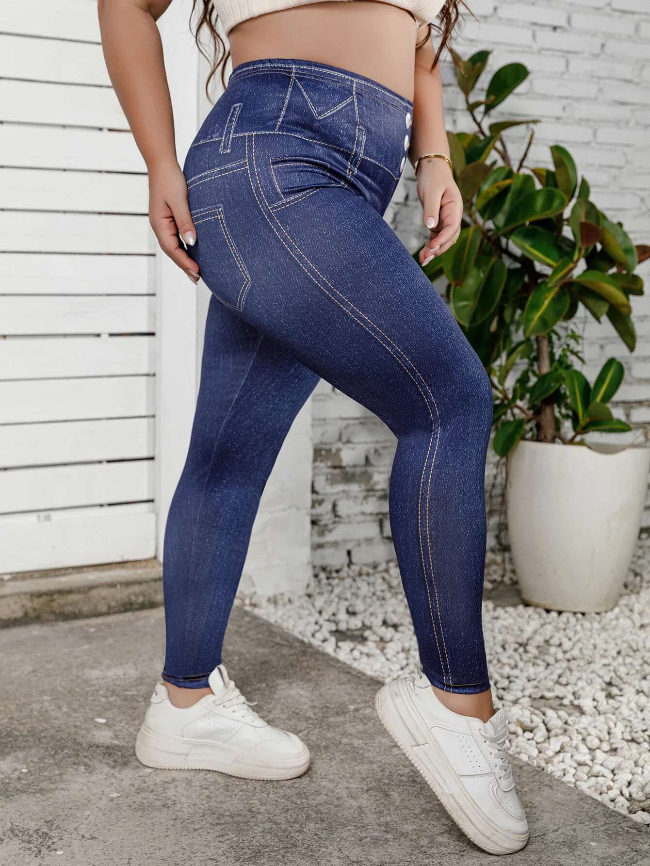 Plus Size Women's Long Leggings With Faux Denim Print Stretch Mid-Rise Skinny Pants Vintage Comfort Casual Comfortable Trousers