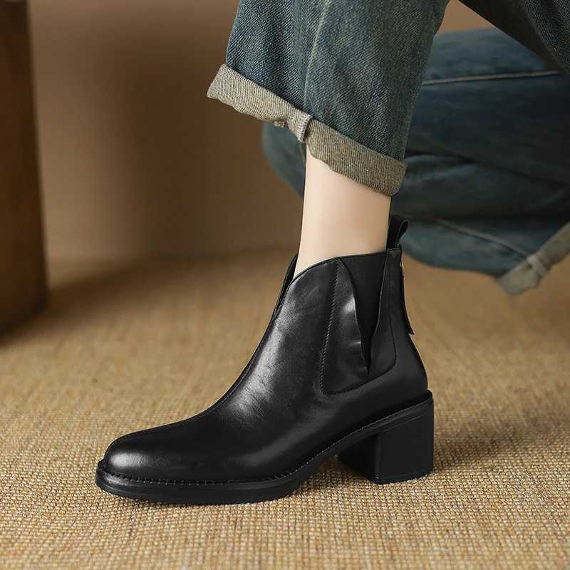 2024 Autumn Women Boots Genuine Leather Shoes for Women Pointed Toe Chunky Heel Shoes Slip-on Ankle Boots Handmade Western Boots Z250303