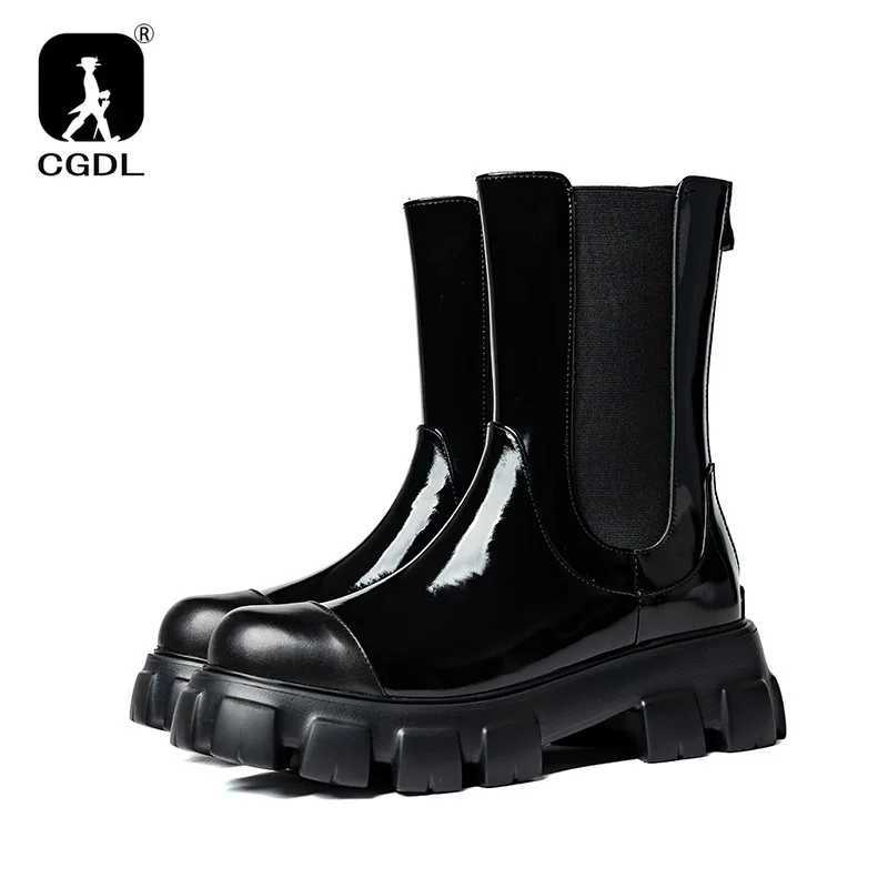 Luxury patent leather mens Chelsea boots thick soled platform leather ankle boots casual knight shoes motorcycle boots Z250303