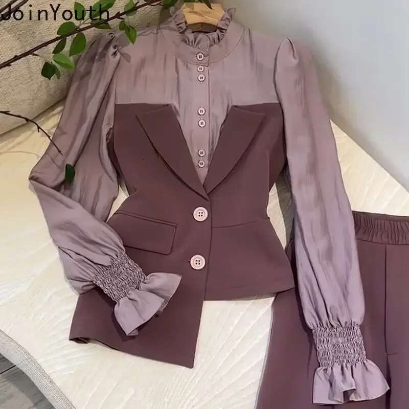 Temperament Outfits Korean 2 Piece Sets For Women Irregular Fake Two Shirt Tunic Pants Suit Roupas Femme Chic Vintage Set
