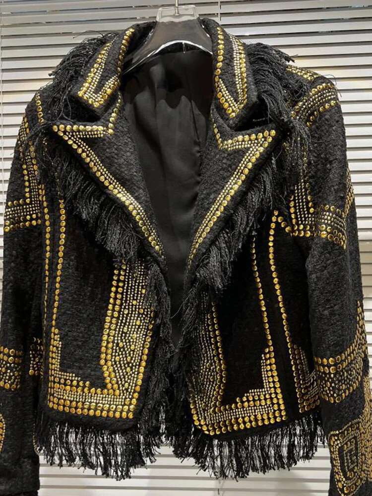 DEAT Fashion Women's Blazer Notched Collar Tweed Metal Rivet Fringed Fringe Long Sleeve Suit Jackets Autumn 2025 New 17A4338