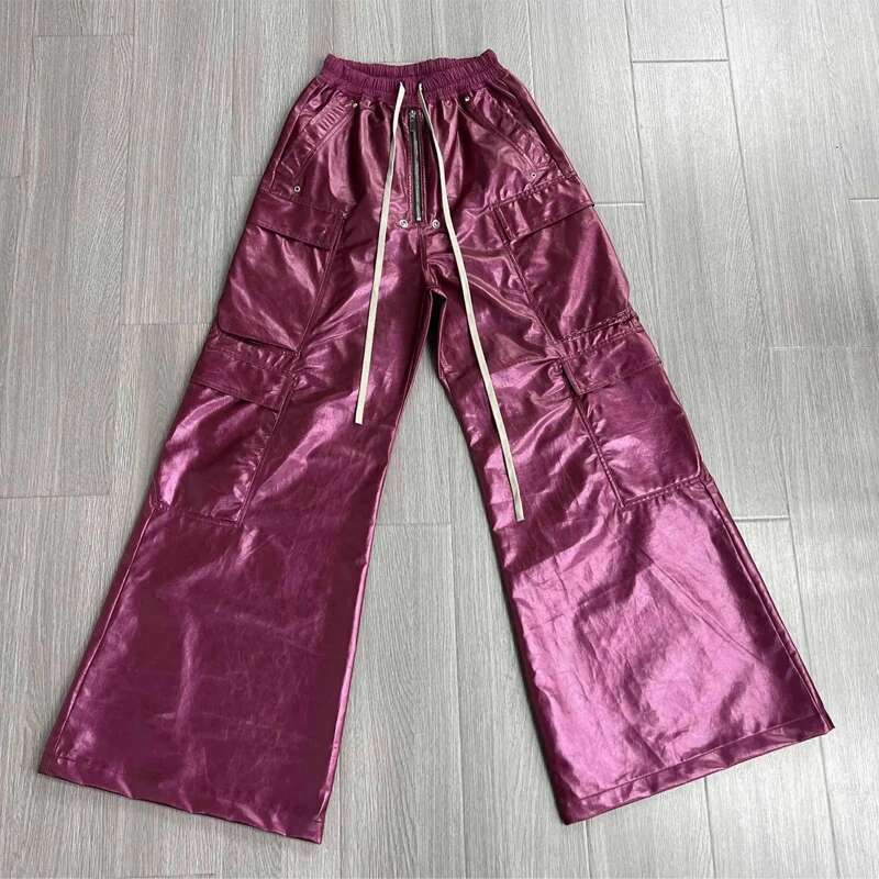 High Street Casual PU Material Pocket Design Cargo Pants Drawstring Full Length Men's Clothing