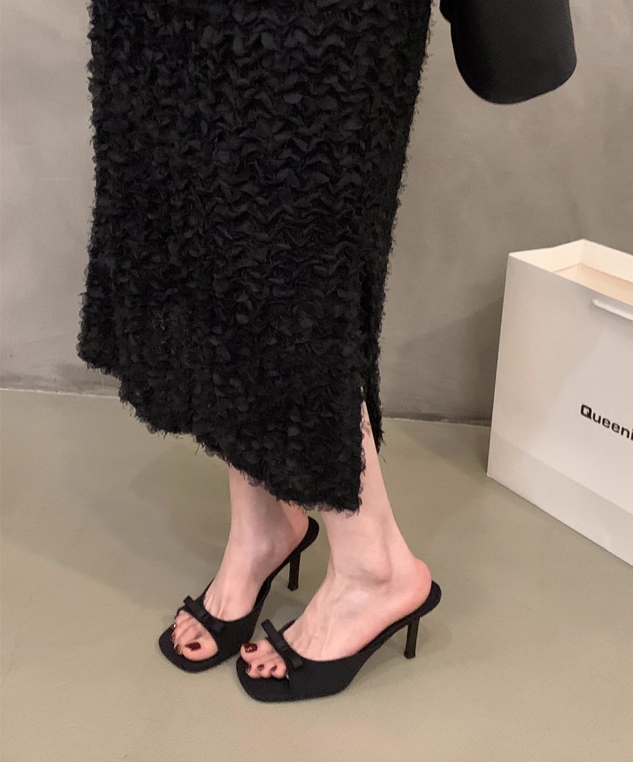 new free shipping designer sandals for womens Fine heeled sandals pink black sliver leopard print Summer new square headed fairy bow high-heeled slipp