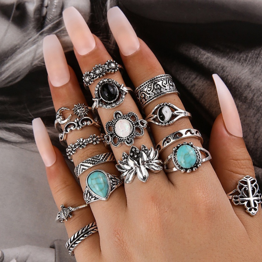 Vintage Engraved Turquoise Ring Set - Flower Combination with 16 Pieces Rings