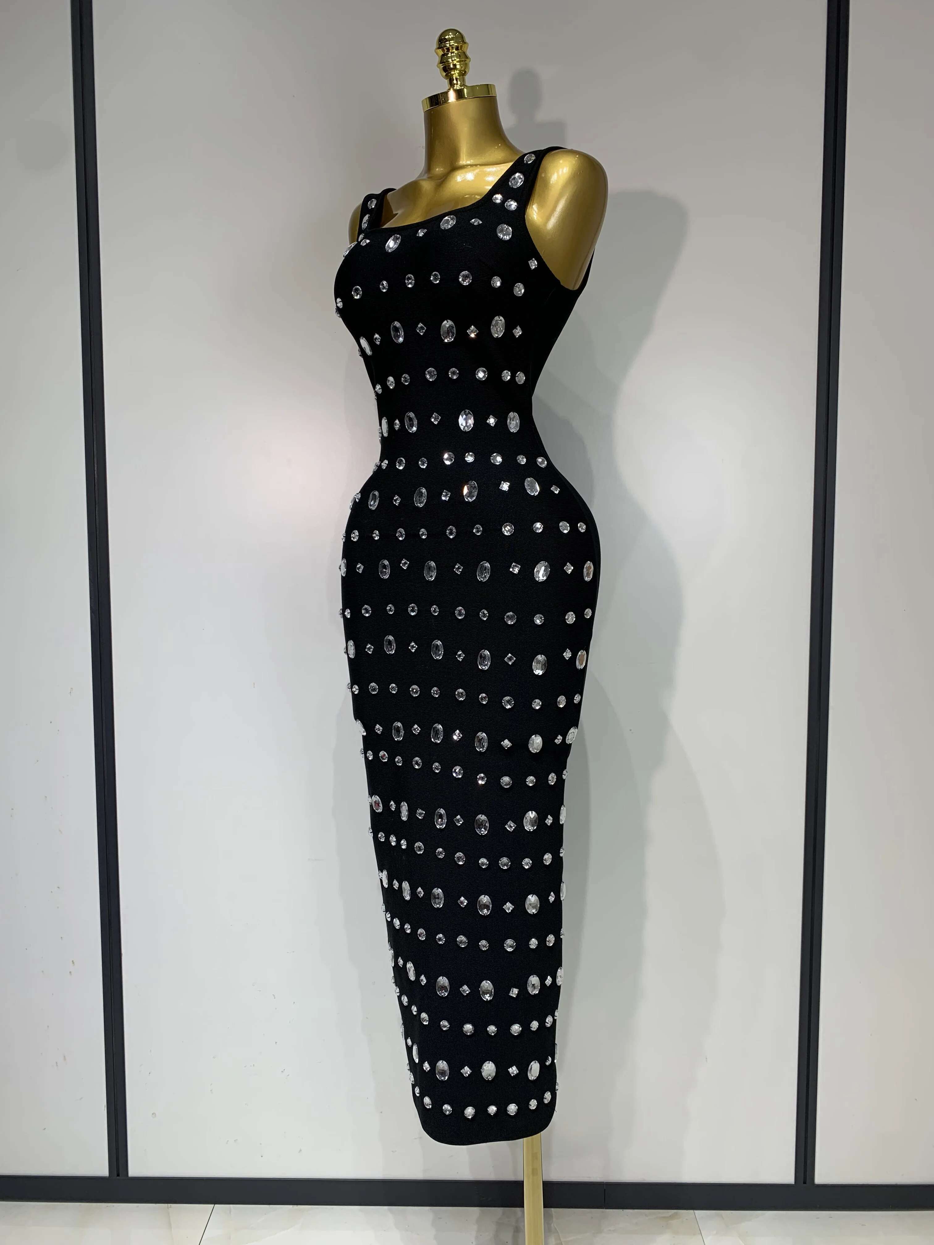 Newest 2025 Fashion Designer Women's Rhie Beaded Elastic Bodycon Bandage Maxi Long Dress Elegant Birthday Outfit