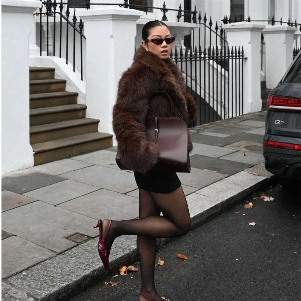 Fashion Girls Brown Fluffy Short Faux Fox Jacket Women Winter 2024 Hot Brand Thick Warm Eco Fur Coat Female