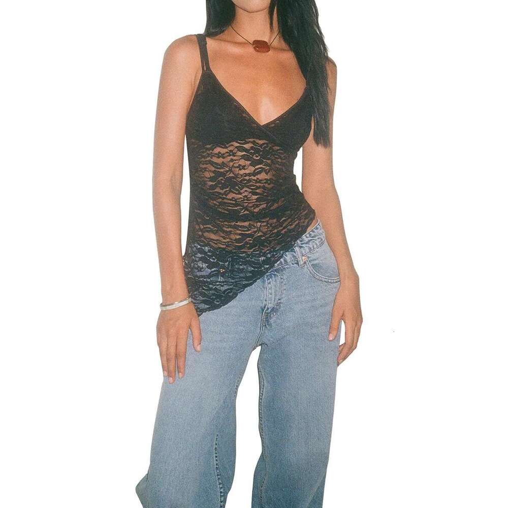 Contrast Women s ral Lace Camisole Sleeveless Irregular Ruffled Hem V Neck Crop Vest Shirt Mesh Sheer Tank Top