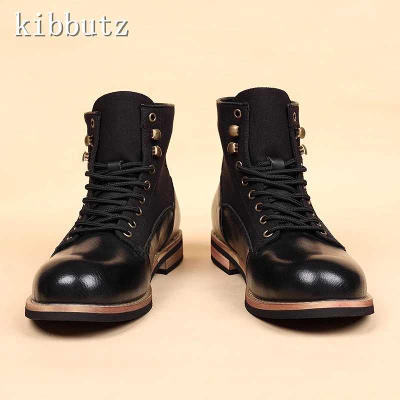 Autumn New British Men Hort Boots Leather Fabric Splicing Lace Up Back Zipper Ankle Boots Vintage Tooling Motorcycle Boots Z250303