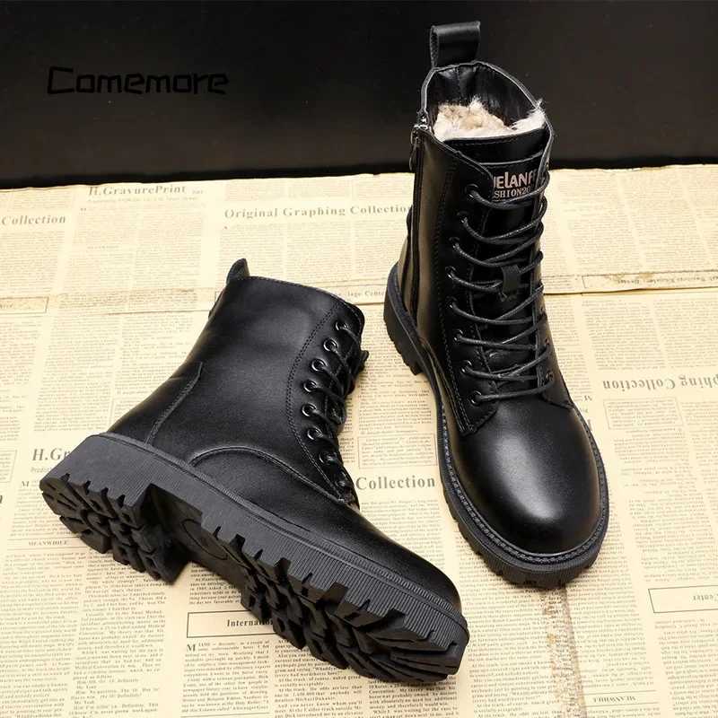 Luxury black leather boots ankle boots plush warm platform shoes British fashion Bottas winter fur boots womens shoes 40 Z250303